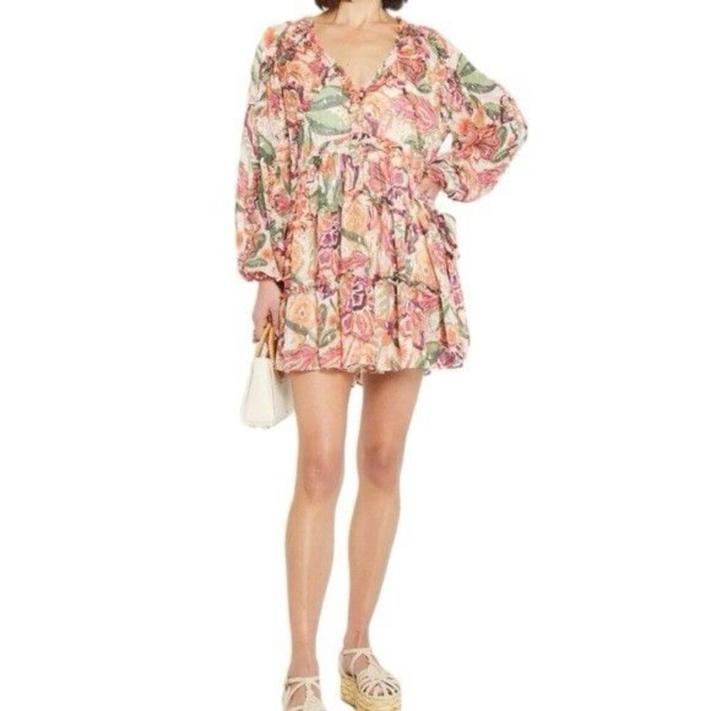 Anthropologie o.p.t Rhea Mini Dress Size‎ XL Tiered Pleated Shift V-neck Floral